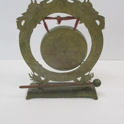 Vintage Chinese Etched Dragon Brass Gong With Hammer