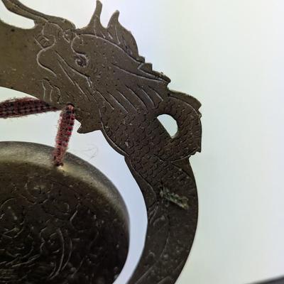 Vintage Chinese Etched Dragon Brass Gong With Hammer