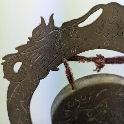 Vintage Chinese Etched Dragon Brass Gong With Hammer