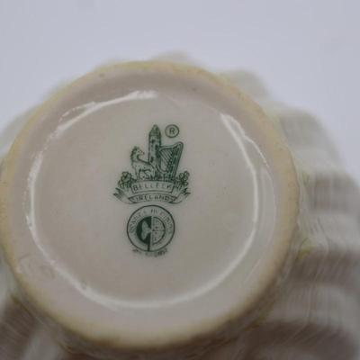 Vintage Belleek Shamrock Basket Weave Handle Plate and Two Cups