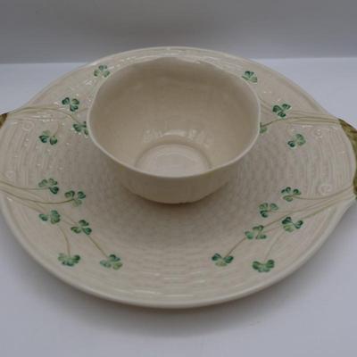 Vintage Belleek Shamrock Basket Weave Handle Plate and Two Cups