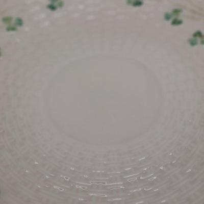 Vintage Belleek Shamrock Basket Weave Handle Plate and Two Cups