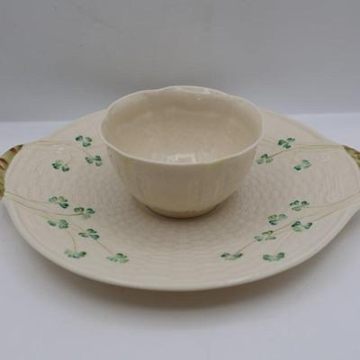 Vintage Belleek Shamrock Basket Weave Handle Plate and Two Cups