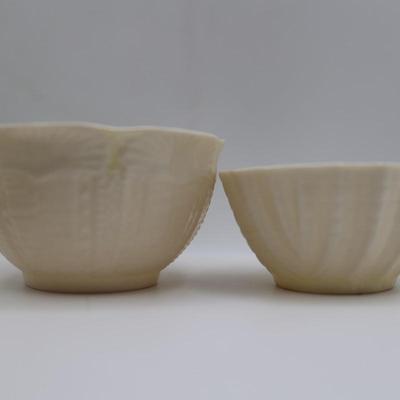 Vintage Belleek Shamrock Basket Weave Handle Plate and Two Cups