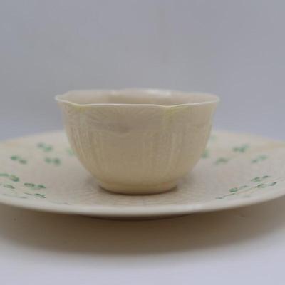 Vintage Belleek Shamrock Basket Weave Handle Plate and Two Cups