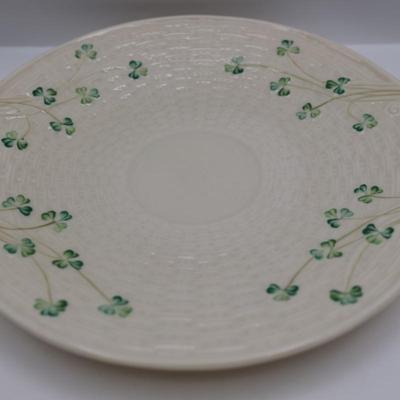 Vintage Belleek Shamrock Basket Weave Handle Plate and Two Cups