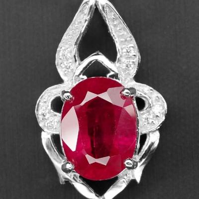 Intricate Blood Ruby Oval 6.03Ct 925 Sterling Silver White Gold Plated Pendant