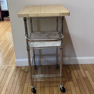 Chrome Rolling Kitchen Cart w/ Butcher Block Top (K-DZ)