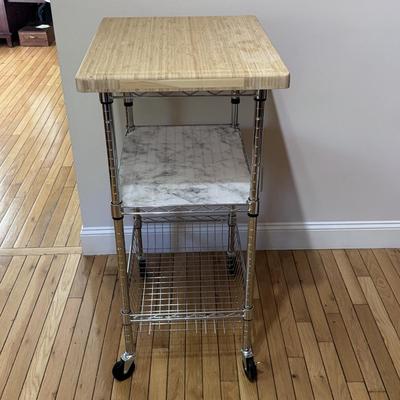 Chrome Rolling Kitchen Cart w/ Butcher Block Top (K-DZ)