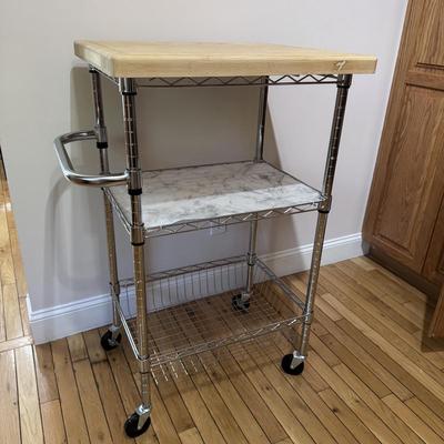 Chrome Rolling Kitchen Cart w/ Butcher Block Top (K-DZ)