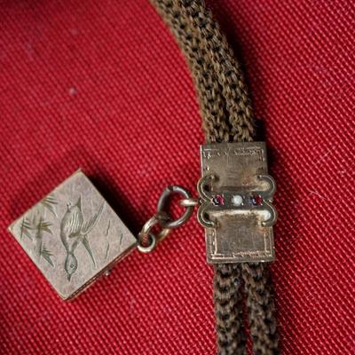 ANTIQUE VICTORIAN ERA HAIR WATCH FOB W/ ROSE GOLD ENGRAVING/ LOCKET