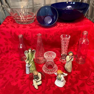 Glass Serving bowls(clear/blue), vases, Willow Tree people