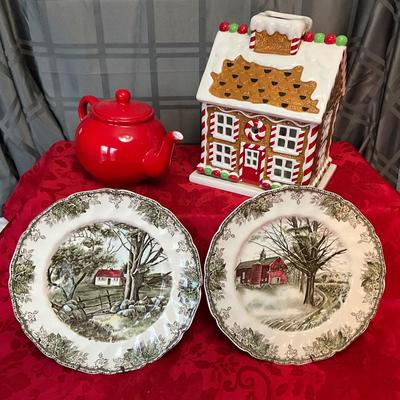 Gingerbread House Candle Holder, Red Tea Pot, Johnson Brothers Plates, made in England