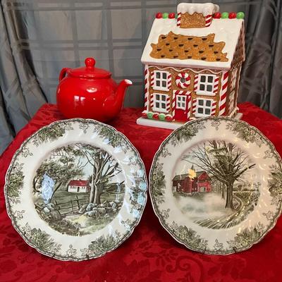 Gingerbread House Candle Holder, Red Tea Pot, Johnson Brothers Plates, made in England
