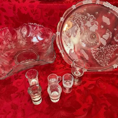 Fostoria serving bowl w/Xmas platter and shot glasses