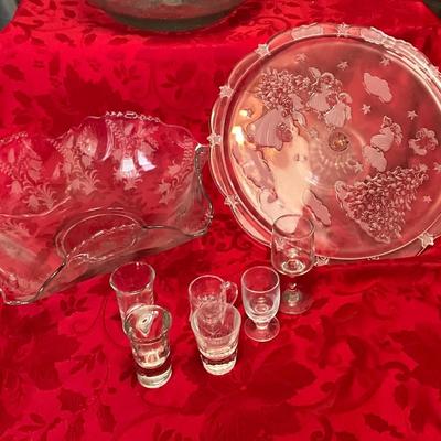 Fostoria serving bowl w/Xmas platter and shot glasses