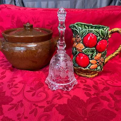 Crystal Dinner Bell, Vintage Inarco Japan Fruit Apple Pitcher, Vintage Pearson of Chesterfield Serving Stoneware