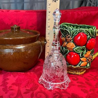 Crystal Dinner Bell, Vintage Inarco Japan Fruit Apple Pitcher, Vintage Pearson of Chesterfield Serving Stoneware