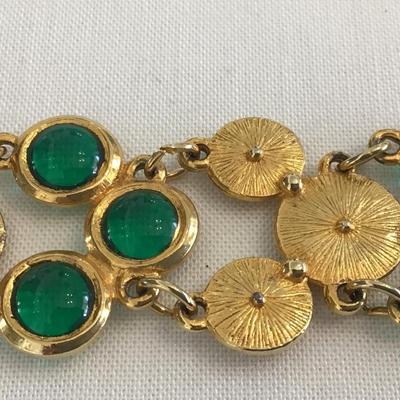 Green Glass Gold Tone Disk Bracelet