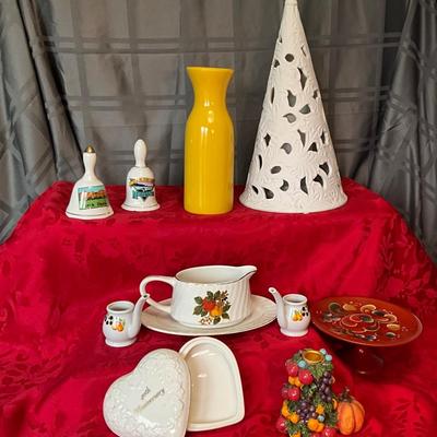 Vintage Lego Japan liqueur pipes, Vgt English Harvest gravy bowl, bells, Xmas candle tree w/battery candle, vase