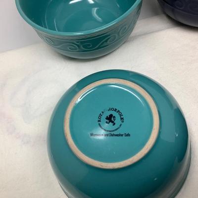 Sale Photo Thumbnail #266: Royal Norfolk bowls 3 light blue and two dark blue.  You also get two red bowls with no name.