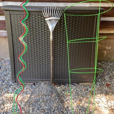 LOT 58: Outdoor Garden Storage Cabinet and Gardening Tool Supplies and Tomato Cages