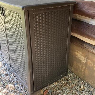 LOT 58: Outdoor Garden Storage Cabinet and Gardening Tool Supplies and Tomato Cages