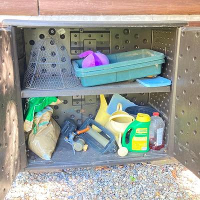 LOT 58: Outdoor Garden Storage Cabinet and Gardening Tool Supplies and Tomato Cages