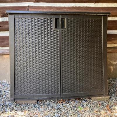 LOT 58: Outdoor Garden Storage Cabinet and Gardening Tool Supplies and Tomato Cages