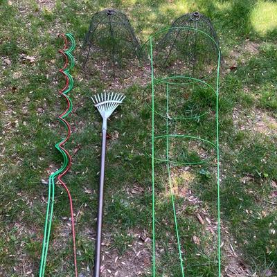 LOT 58: Outdoor Garden Storage Cabinet and Gardening Tool Supplies and Tomato Cages