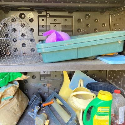 LOT 58: Outdoor Garden Storage Cabinet and Gardening Tool Supplies and Tomato Cages