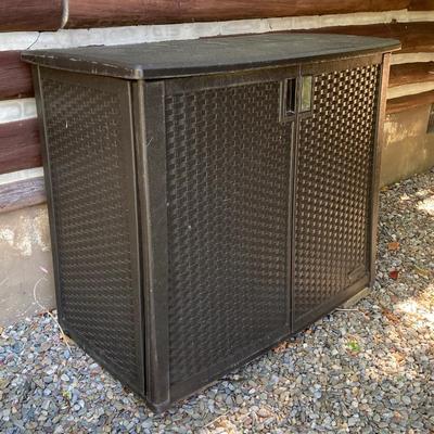 LOT 58: Outdoor Garden Storage Cabinet and Gardening Tool Supplies and Tomato Cages