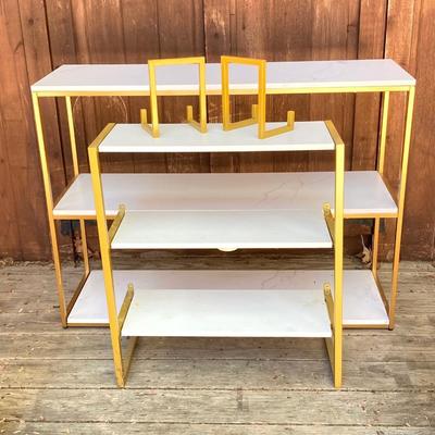 LOT 63: Set of Two (2) Book Shelves with Faux Marble (Plastic) Tops and Metal Sides and Book Ends