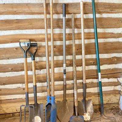 LOT 69: Collection of Gardening/Farming Tool Including Shovels, Rake, Pitch Fork, Hoe ad Post Digger