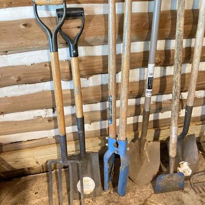LOT 69: Collection of Gardening/Farming Tool Including Shovels, Rake, Pitch Fork, Hoe ad Post Digger