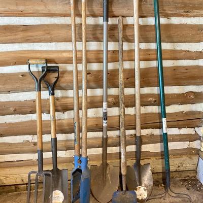 LOT 69: Collection of Gardening/Farming Tool Including Shovels, Rake, Pitch Fork, Hoe ad Post Digger