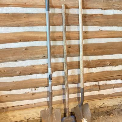 LOT 69: Collection of Gardening/Farming Tool Including Shovels, Rake, Pitch Fork, Hoe ad Post Digger