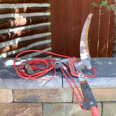 LOT 71: Garden Tools Including Pole Saw, Scotts Grass Seeder/Spreader, and Lopper
