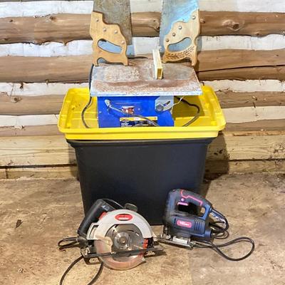 LOT 77: DEP Portable Tile Saw, Drill Master Circular Saw , Hyper Tough Jigsaw and Two (2) Hand Saws