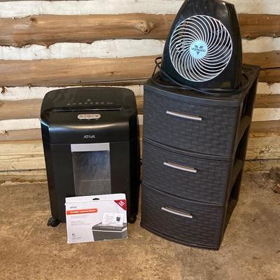 LOT 79: Office Collection - Ativa Paper Shredder, Vornado Fan and Sterlite Storage Cabinet