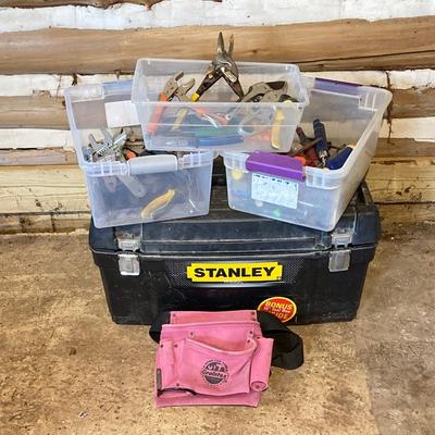 LOT 80: Stanley Tool Box, Pink Tool Belt and Assorted Tools