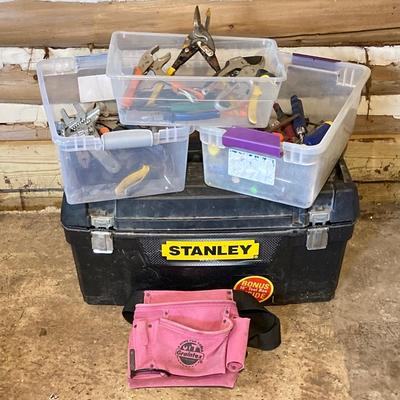 LOT 80: Stanley Tool Box, Pink Tool Belt and Assorted Tools
