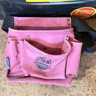 LOT 80: Stanley Tool Box, Pink Tool Belt and Assorted Tools