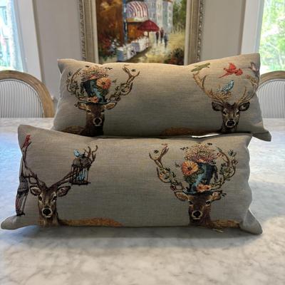 LOT 88: Dressed Stag Tapestry Pillow Covers & Accent (2) Pillows
