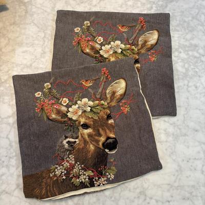LOT 88: Dressed Stag Tapestry Pillow Covers & Accent (2) Pillows