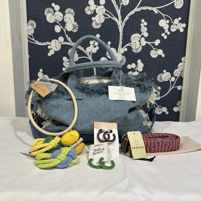 LOT 96: Pretty Simple Denim Bag with Fringes, Roostas Woven Belt with Bag and Fashion Jewelry and Accessories all with Tags,