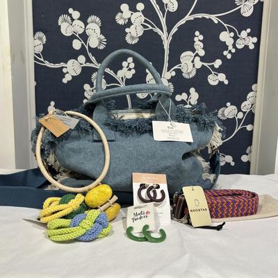 LOT 96: Pretty Simple Denim Bag with Fringes, Roostas Woven Belt with Bag and Fashion Jewelry and Accessories all with Tags,