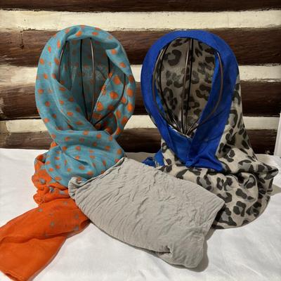 LOT 103: Collection of Fashion Scarfs and Scarf Holder and Unopened Tights