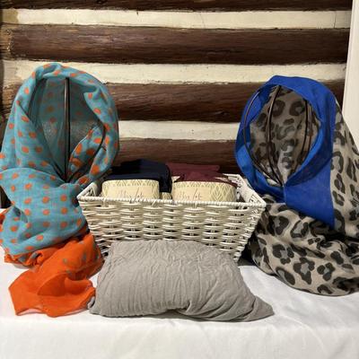 LOT 103: Collection of Fashion Scarfs and Scarf Holder and Unopened Tights