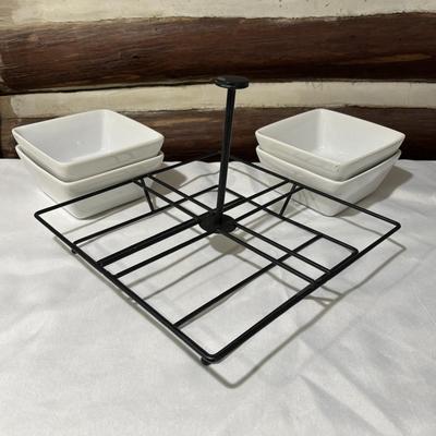 LOT 105: Four (4) Piece Ceramic Condiment / Relish Dish with Metal Rack, Crate & Barrel Marbles Compote and More